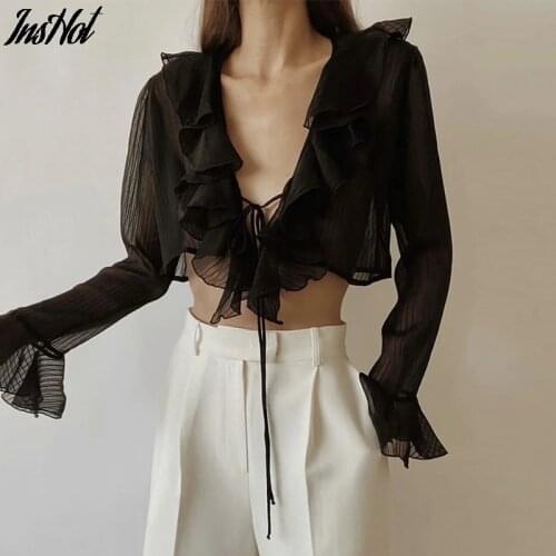 2021 Summer Sexy Mesh Sheer See Through Ruffles Long Sleeve Chiffon Blouses Women Deep V Neck Lace Up Beach Holiday Crop Tops