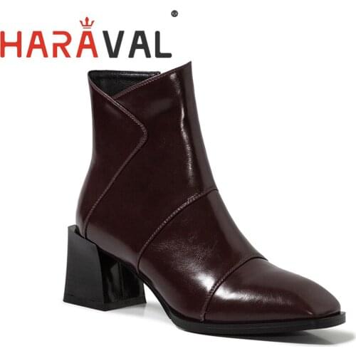 HARAVAL Women Leather Quality Ankle Boots Squared Toe Zipper Thick Bottom Elegant Lady Shoe Bussine Classic Work Shoes RetroE55L
