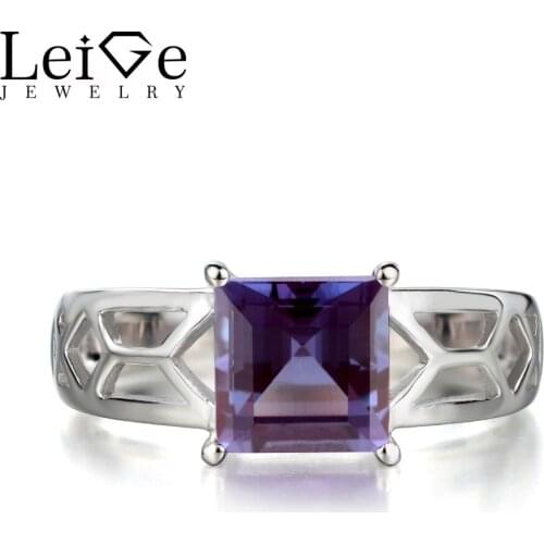 Leige Jewelry Square Cut Solitaire Alexandrite Rings Wedding Engagement Rings for Women Sterling Silver 925 Gemstone Jewelry
