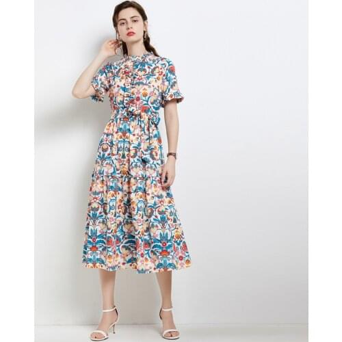 Runway Floral Elegant Dress 2021 Summer Women Ruffles Short Sleeve O-Neck Flower Print Boho Party Beach Midi Vestidos N53115