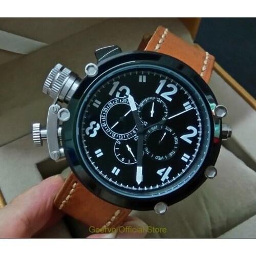 50mm GEERVO left hand crown black dial Automatic Self-Wind movement Auto Date Mens watch cow Leather strap PVD case 150A