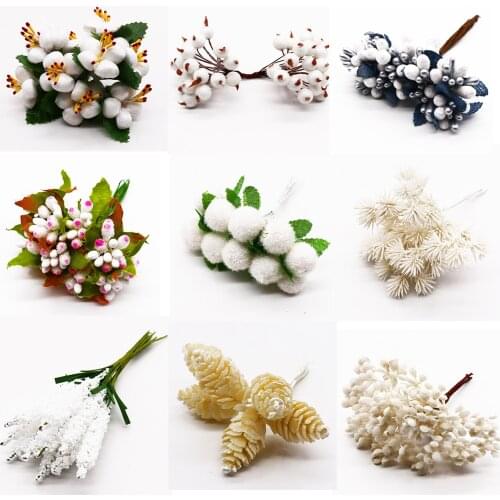 6/10/12/20/24/200pcs White Hybrid Flower Cherry Stamen Berries Bundle DIY Cake Christmas Wedding Gifts Box Wreaths Decor
