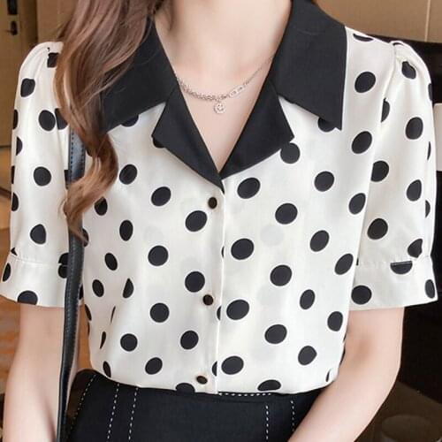 Blouses Top Femme Short Sleeve Blouse Women Blusas Mujer De Moda 2021 Verano V-Neck Black Dot Chiffon Blouse Shirt Tops E851