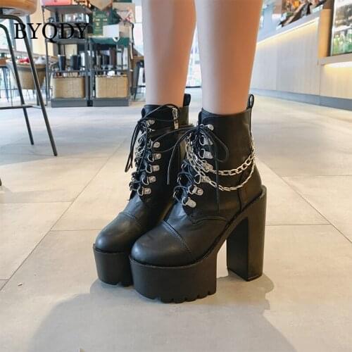 BYQDY Chunky High Heels Autumn Motorcyle Boots Sexy Chains Fur Platform Round Head 7 Eyes Ladies Boot Shoes For Mother with Zip