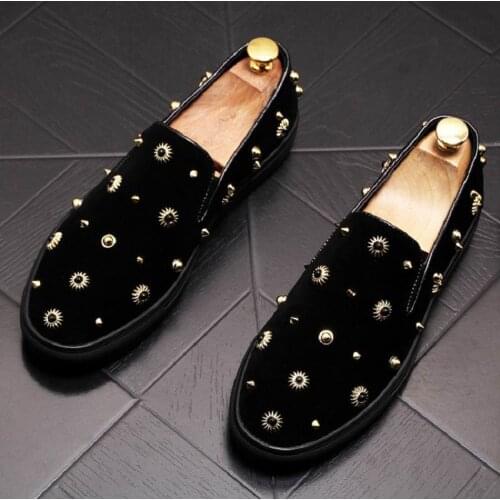 ERRFC Designer Luxury Mens Black Casual Shoes Fashion Rivet Flat Platform Loafer Shoes For Man Tide Slip On Party Shoes 38-43