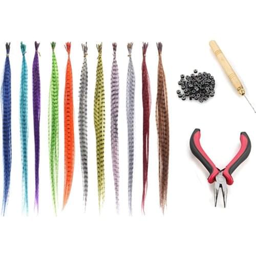 55pcs Multicolor Synthetic Feathers Hair For Hair Extensions DIY Micro Beads Hairpiece Kit Feathers Hair Extensions Tools