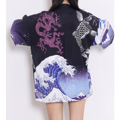Fish Wave Print Japanese Kimono With Belt Streetwear Cardigan Haori Harajuku Robe Japanese Clothes Yukata Men Women Jacket Tops