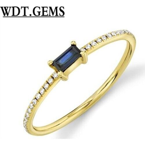 Baguette Blue Sapphire Diamond 10K White Gold Stackable Ring Band Womens Dainty