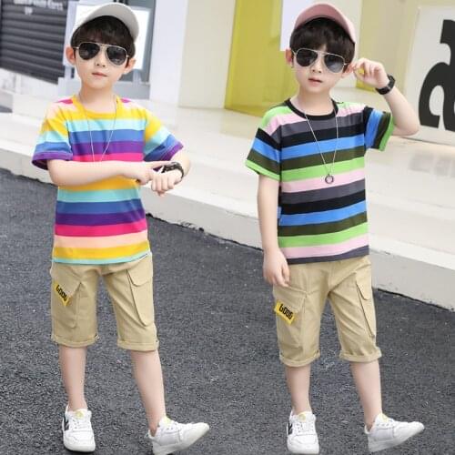 2pcs Boys Girls Summer Clothing Set Clothes Cotton Childrens Short Sleeve Striped T-shirt Jeans Shorts Kids Outfits 5 7 9 11 Y