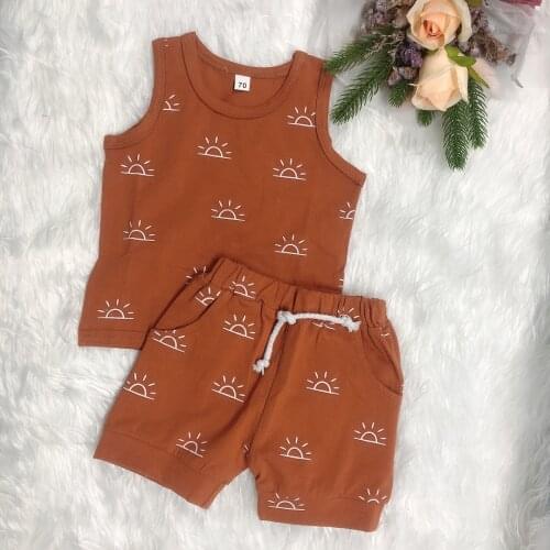 FOCUSNORM 2 Colors Newborn Baby Girls Boys Clothes Sets Sun Print Sleeveless Pullover Vest Shorts 0-3Y