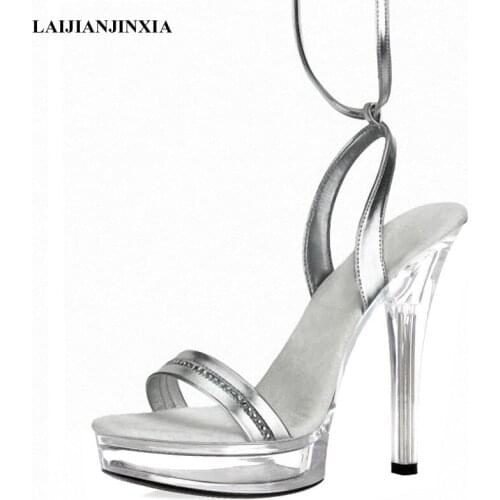 LAIJIANJINXIA New Style Roman Hollow Ankle Strap Silver Crystal 13 CM High Heeled Shoes 5 Inch Thin Heels Models Party Sandals