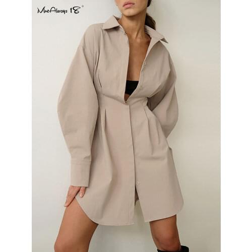 Mnealways18 Autumn Winter Bodycon Dress Women Long Sleeve Khaki Pleated Shirt Dreess Office Ladies Solid Turn Down Collar Midi