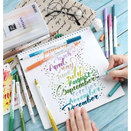 New Vintage Art Brush Double Colored Twin Marker Pens Set for Drawing Handbook Gift Art Calligraphy Supplies Stationery DS-2002D