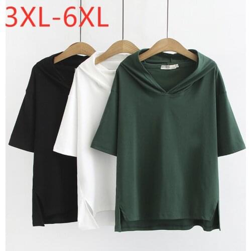 New 2021 Ladies Summer Plus Size Hoodie Tops For Women Large Short Sleeve Loose Cotton White Green T-shirt 3XL 4XL 5XL 6XL