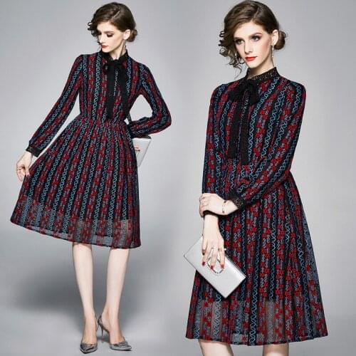 Colorfaith 2020 Women Dresses Spring Autumn Ladies Elegant Casual Lace Hollow Out Dresses Flowers Stripe Print High-Grade Dress