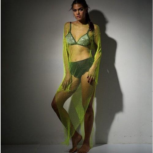 Sexy Sparkling Fishnet Bling Rhinestone dress women beach Summer Festival party Cover Up Bikini See Through Mesh Hollow Dresses