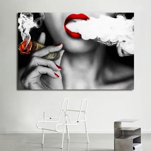 Modern Women Red Lip Smoking Money Poster And Prints Sexy Lady Canvas Painting Wall Art Pictures For Living Room Bedroom Decora