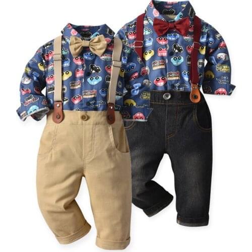 Spring Autumn Toddler Boys Clothing Sets New Kids Baby Gentleman Suit Car Print Shirts Suspender Pants 2pcs Suit for Boy Clothes