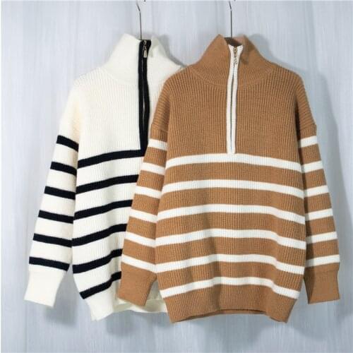 Oversize Knitted Womens Clothing Womens Autumn Winter New Thick Warm Turtleneck Half-zip Retro Striped Pullover Sweater