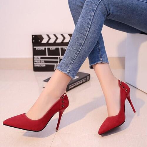 Women High Heels 2021 New Sexy Rivets Ankle Stiletto Classic Suede Pointed Toe Metal Studs Party Shoes 10CM PUMPS Size 34-40