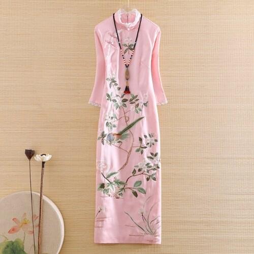 High-end Spring And Summer Women Cheongsam Dress Retro Elegant Embroidery 3/4 Sleeve Slim Lady A-line Party Qiapao Dress S-XXL