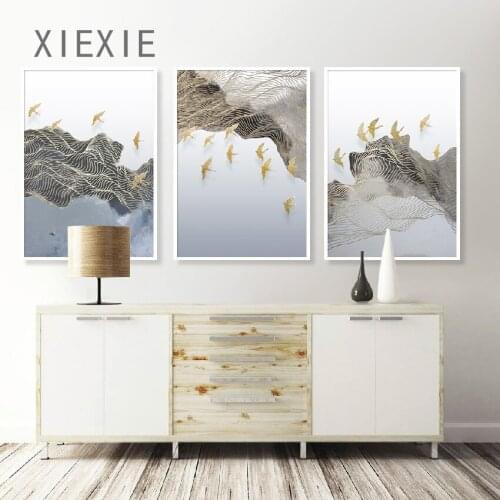 Chinese Style Mountain Landscape Abstract Line Canvas Painting Flying Bird Golden Silhouette Home Office Hotel Decoration