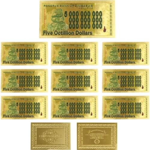 5 Octillion 24k Gold Plated Gold Banknote Collectible 999.9 Gold Foil Art Crafts Worth Collection 10pcs