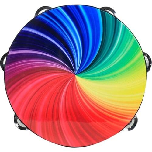 8inch Wooden Tambourine Handbell Hand Drum with Double Row Jingles Colorful Drums Percussion Instrument Toy