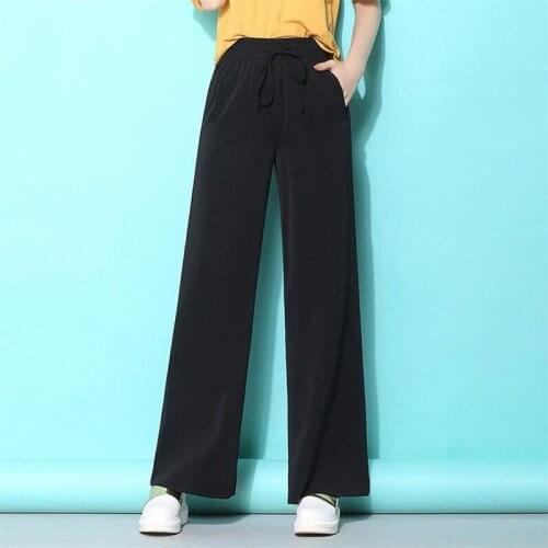 7XL Plus Size Casual Women Trousers Elastic Waist Lace Up Pants Fashion Chiffon Summer Straight Female Pants Black Extra Large