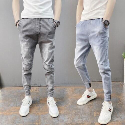 Spring autumn 2021 new denim jeans mens stretch Korean style elastic waist casual harem Slim feet ankle length pants for men