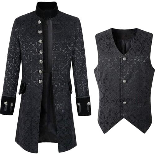 Steampunk Jacket Coat Victorian Ghost Gothic Halloween Vampire Costume Men Blazer Suits Stand Collar Trench For Adult Vest+Shirt