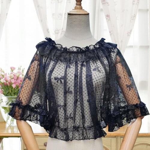 Fashion Womens Lolita Crop Tops Lace Chiffon bottoming Shirt Girl Summer Bowknot Transparent Short Casual Undershirt