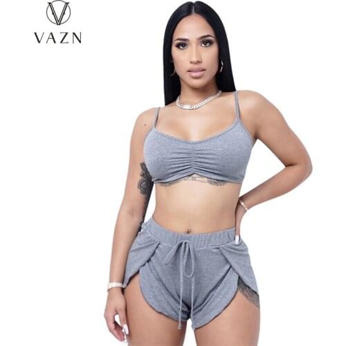 VAZN 2021 New Spaghetti Strap Set Tracksuit Beach Solid Young Sexy Europe And America Group Short Pants Slim Women 2 Piece Set