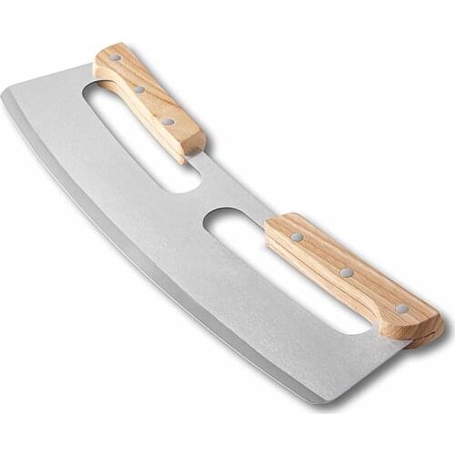 Pizza Cutter with Cover 35cm Stainless Steel Dual Wooden Handle Mezzaluna Chopper Kitchen Tool with PP cover