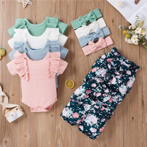 Girls 3Pcs Romper Set Ruffled Short Sleeve Solid Color Knitted Bodysuit with Flower Printed Shorts and Headband