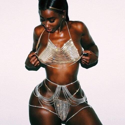 Sexy Two Piece Set Shiny Diamante Halter Hollow Out See Through Crop Top Hot Waist Chain High Cut Panties Clubwear 2 Pcs Sets