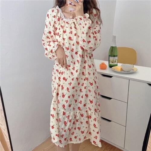 Floral print pajamas set spring autumn long sleeve nightdress women dress homewear cotton linen home clothes sleepdress Y555