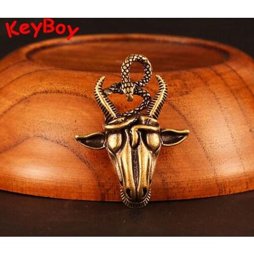Pure Copper Snake Goat Head Pendant Chinese Original Design Lucky Feng Shui Keychain Hanging Trinket Vintage Brass Car Keyring