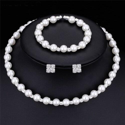 1 set Pearl Crystal Bridesmaid Wedding Jewellery Set Necklace Bracelet Earrings