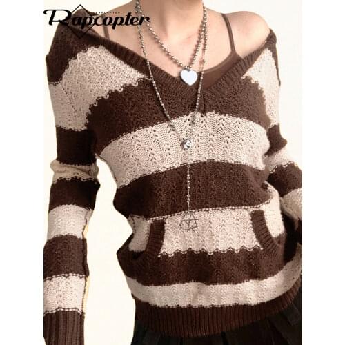 Rapcopter Prepply Kawaii Sweaters Striped Hooded Jumpers Vintage Long Sleeve Academic Knitwear Women Retro Korean Clothing Fall