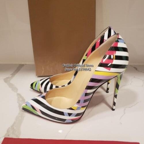 Sexy Multicolor Striped Patent Leather Heel Pumps Pointed Toe 12CM 10CM 8CM Stiletto Heels Patchwork Wedding Shoes Drop Ship