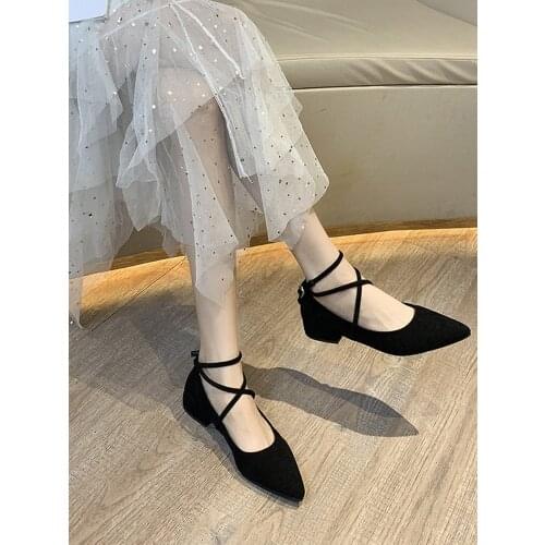 Fashion Pointed Shallow Mouth Single Shoes Sweet Elegant Straps Low Heel Womens Shoes Square Heel High Heels Black Work Shoes 41