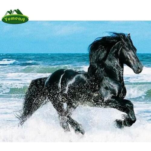 YUMEART DIY 5D Diamond Painting Animal Square Rhinestones Embroidery Black Horse Running In Sea Cross Stitch Mosaic Pattern