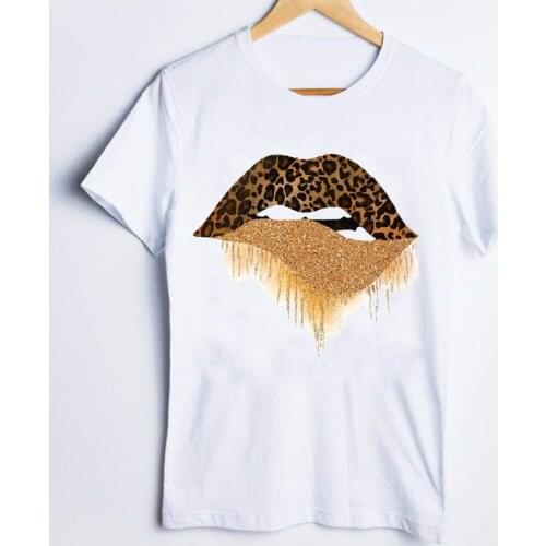 Tees for Women Print Aesthetic Leopard Lip Short Sleeve 90s Fashion Ladies T Shirt Clothes Lady Tops Clothing Female T-Shirt