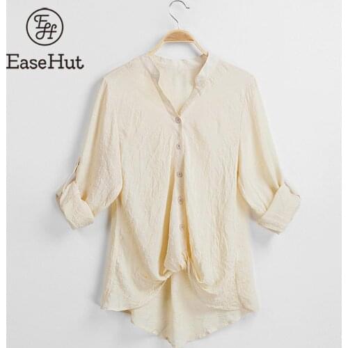 EaseHut Vintage Women Blouses Front Buttons V Neck Long Sleeve Asymmetric Hem Casual Solid Color Top Shirt Blusas Femininas