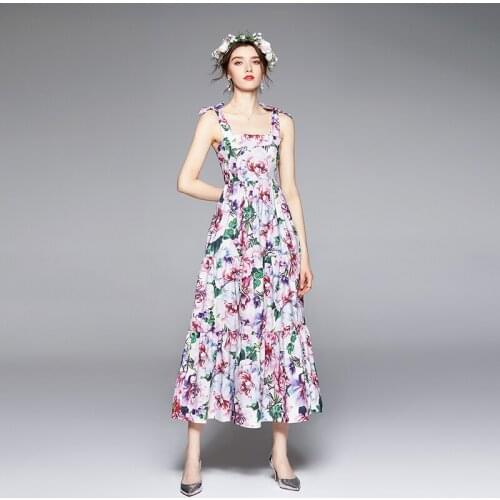 Women Summer Dresses Office Lady A-LINE Printing Ankle-Length 2021 New Women Dresses Spaghetti Strap Elegant Party Women Dresses