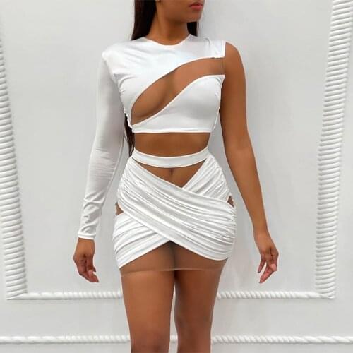 CHRONSTYLE Women Mesh Patchwork Hollow Out Tracksuits Long Sleeve Off Shoulder Tops Sheath Elastic Zip Mini Skirts Two Piece Set
