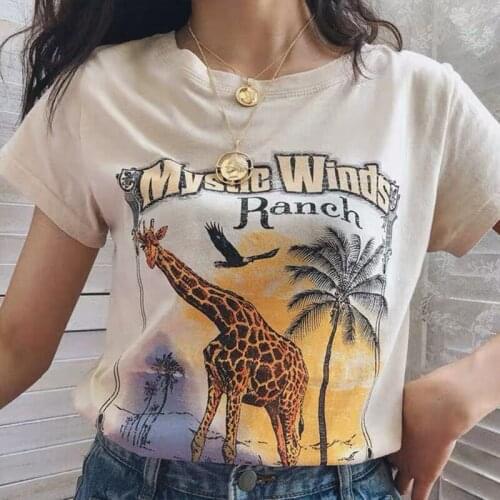 Calelinka Female Vintage Tshirts White 100% Cotton Ins Fashion Short Sleeve Tee Hipster Giraffe Lettters Printed Trendy Shirt