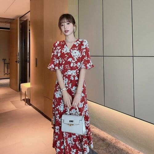Summer V-Neck Red Dress Women Floral Autumn Long Elegant Slim High Waist Retro Sexy Party Evening Night Maxi Dresses Woman