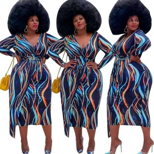 Plus Size Evening Dresses Long Vintage Boho Printed Elegant V-neck Full Sleeve Bodycon Skinny Dress Casual Vestido 4XL